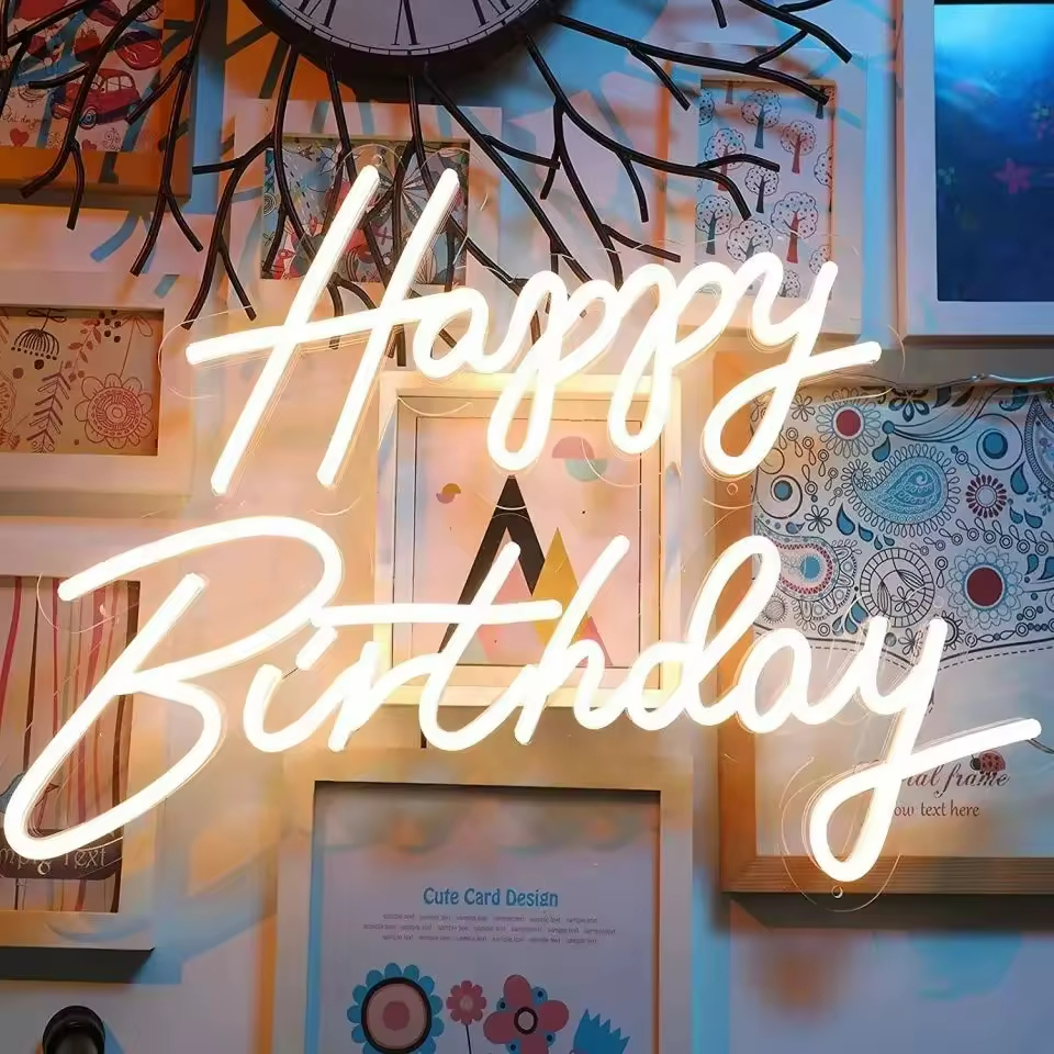 Letrero LED personalizado con luces de neón y texto "Feliz cumpleaños" para decoración de fiestas