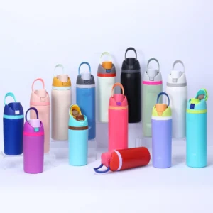 Custom Freesip-style stainless steel water bottle with straw, multiple color options