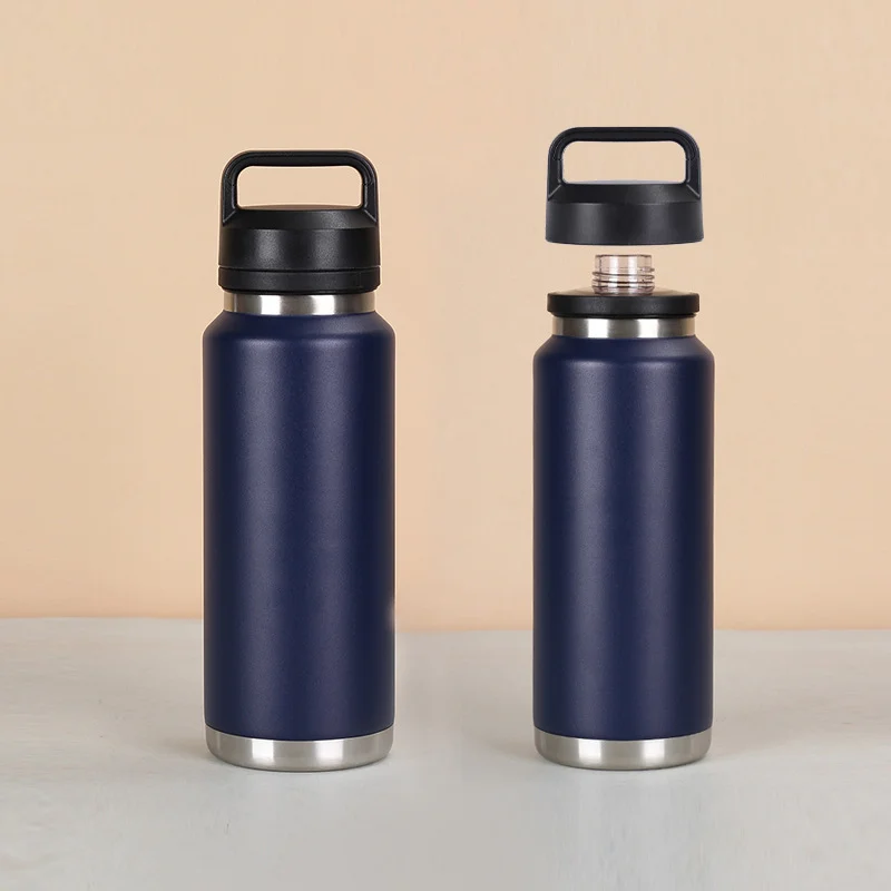 Navy blue stainless steel vacuum bottle with custom logo