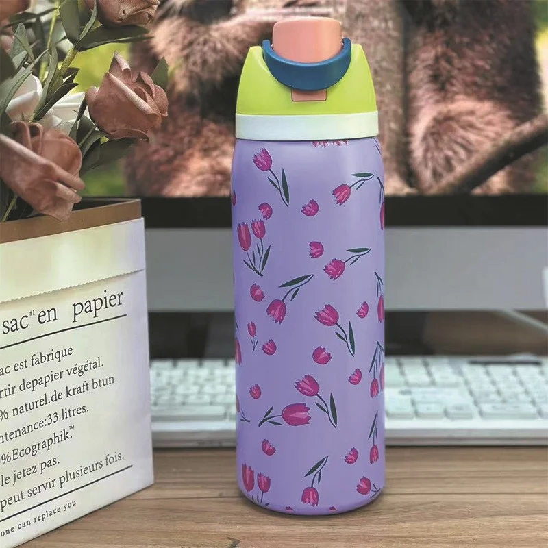 Bottiglia d'acqua personalizzata viola da 32 once con stampa a foglia e coperchio in cannuccia