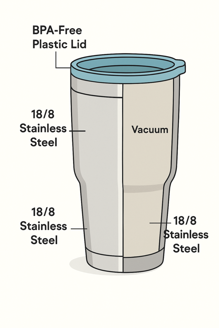Illustrazione in sezione di un bicchiere in stile YETI che mostra il coperchio in plastica senza BPA, la struttura in acciaio inossidabile 188 a doppia parete e l'isolamento sottovuoto