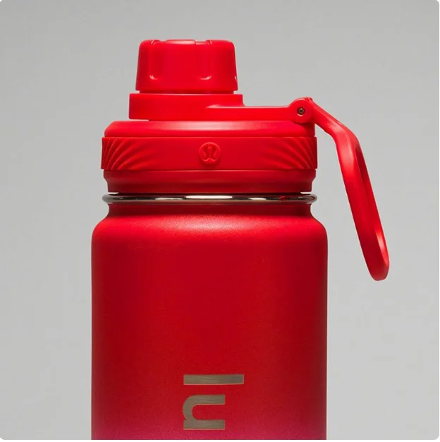 Detail display of the red lululemon water bottle