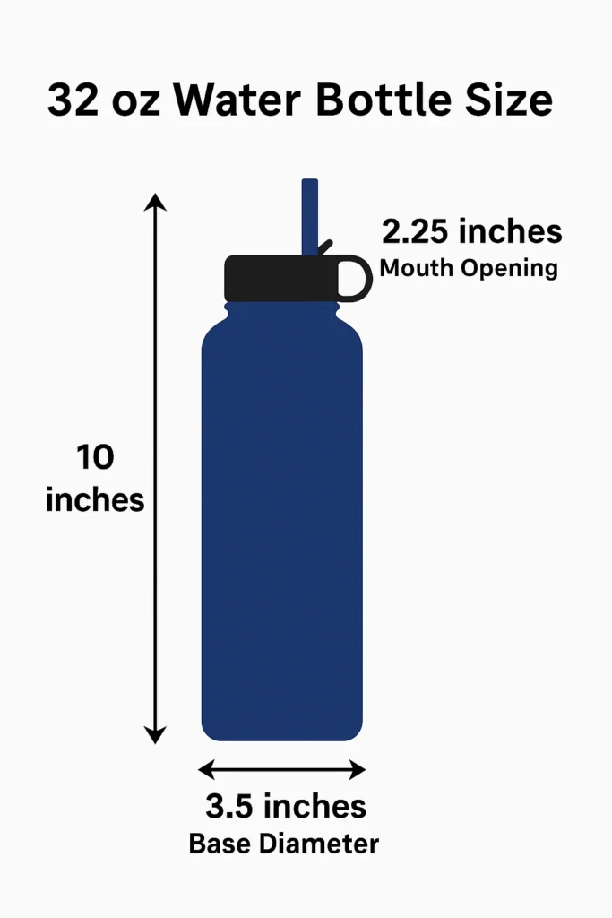 Diagramă care arată dimensiunile unei sticle de apă de 950 ml cu capac cu pai — 25 cm înălțime, 8 cm diametru bază, 5 cm deschidere gură.