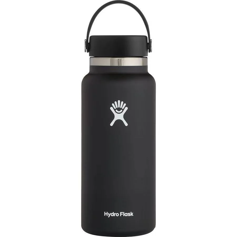 Botella Hydro Flask negra mate de 32 oz con boca ancha y asa