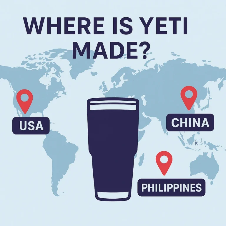 Mappa del mondo con puntine che indicano USA, Cina e Filippine sotto il titolo "Dove viene prodotto lo YETI"
