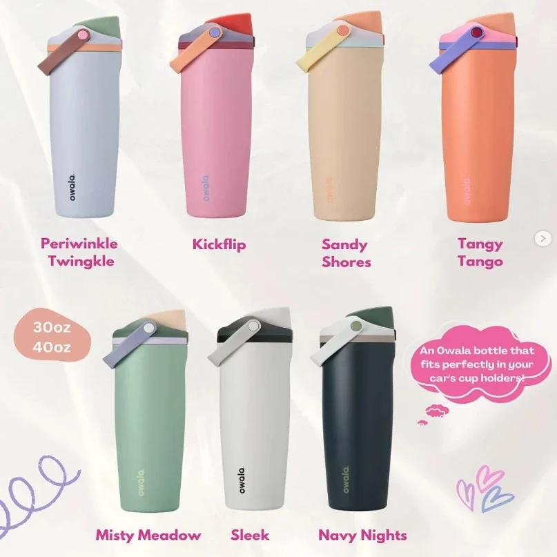 custom owala bottles in multiple colors and packaging