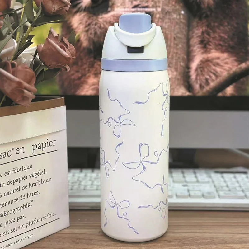 bottiglia d'acqua personalizzata bianca da 32 once con stampa a fiocco