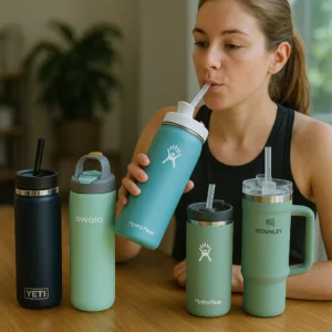 Botol air terbaik dengan sedotan untuk logo khusus, ditampilkan dengan botol YETI, Owala, Stanley, dan Hydro Flask di atas meja kayu luar ruangan.