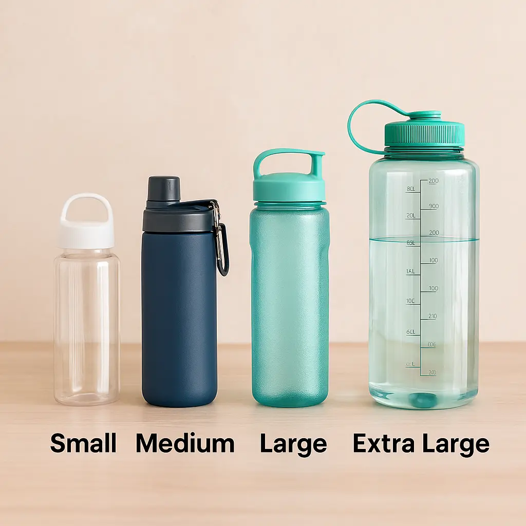 Four reusable water bottles in small, medium, large, and extra-large sizes, illustrating common capacities for the topic how many ml in a bottle of water.