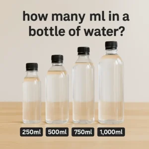 Four water bottles of different capacities (250ml, 500ml, 750ml, 1000ml) displayed side by side, showing a clear comparison of how many ml in a bottle of water.