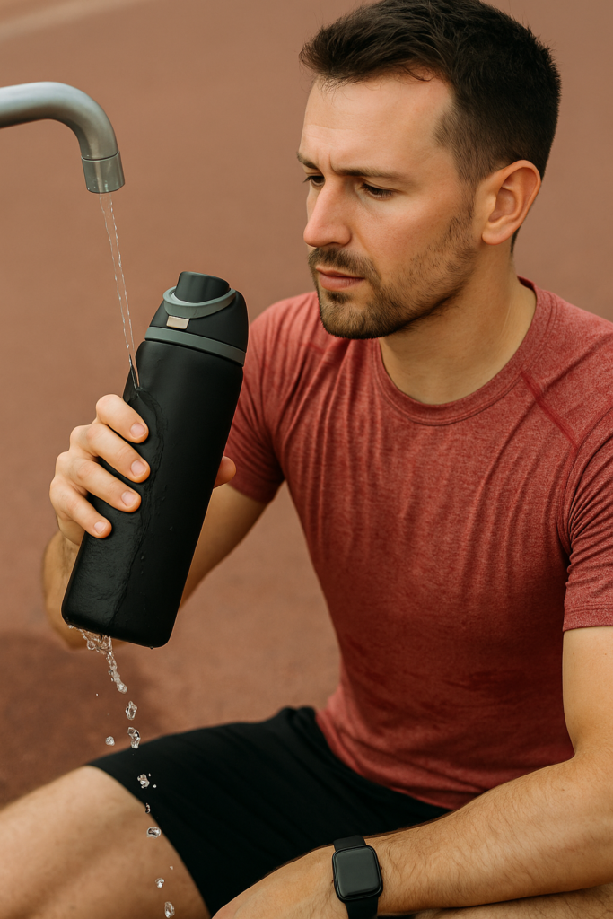 How Many Water Bottles Should I Drink a Day post workout hydration with 32oz black stainless steel water bottle.