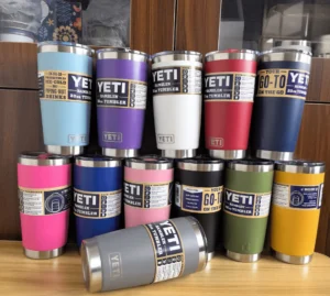 Multiple custom Yeti tumblers displayed with colorful engraving – yeti engraving in bulk