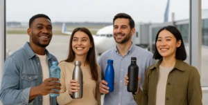 Passageiros em um aeroporto segurando garrafas de água reutilizáveis com um avião ao fundo, ilustrando a questão: é possível levar garrafas de água em um avião?