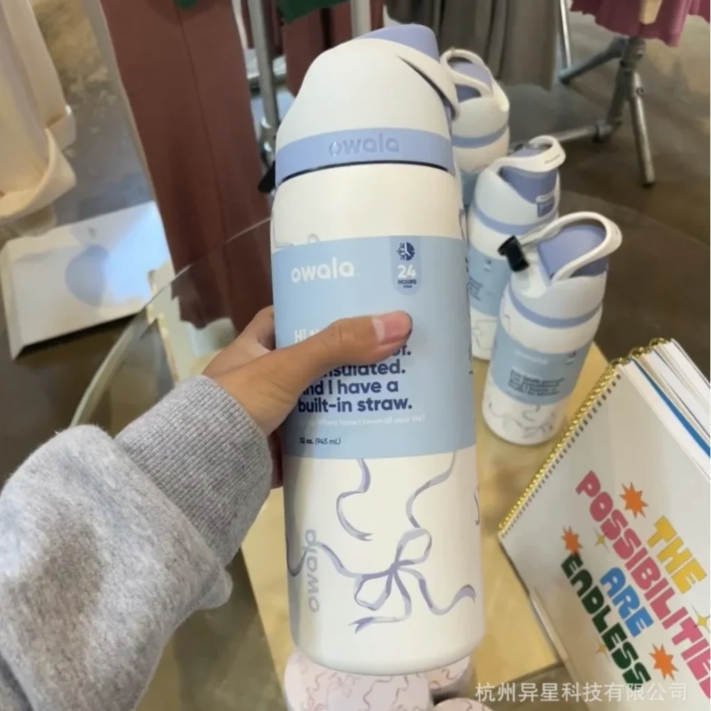 blue bow owala bottle for custom logo display at cafe