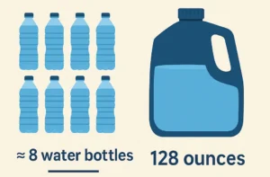 infographic showing how many water bottles are in a gallon with 8 bottles and 128 ounces