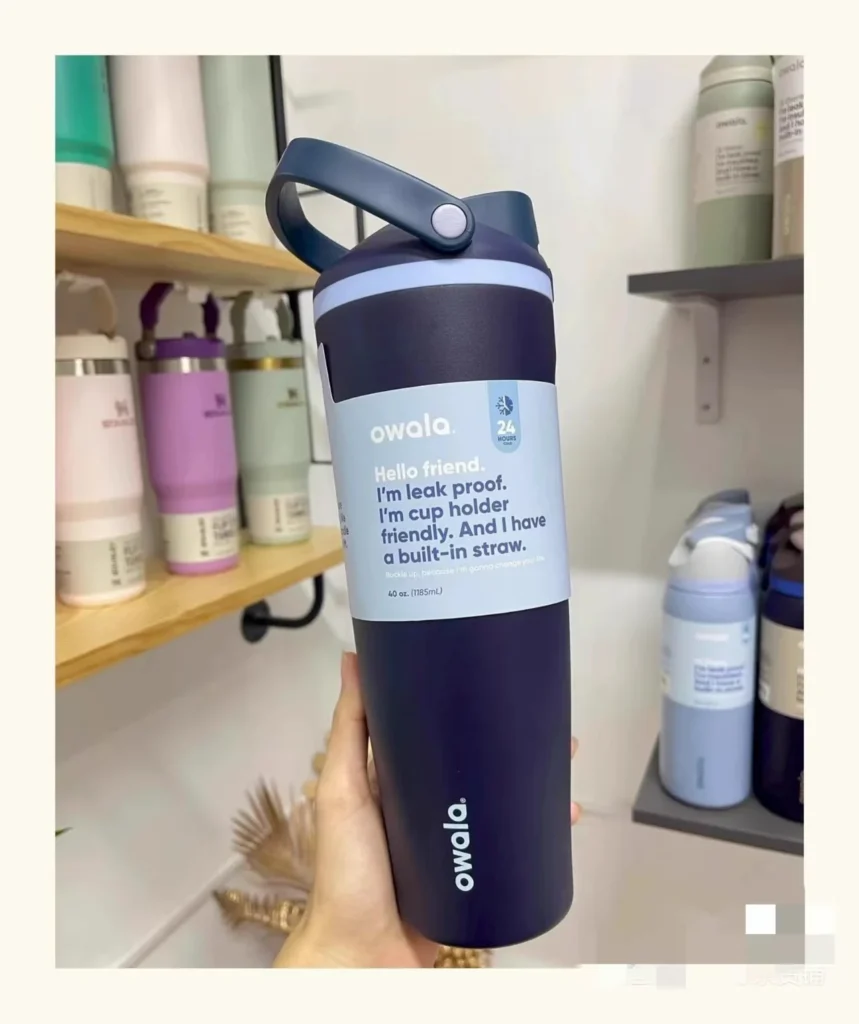 navy blue owala golf water bottle with company logo