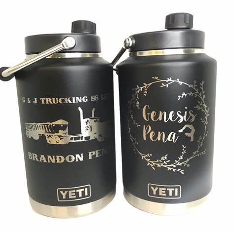 two yeti gallon jugs side by side