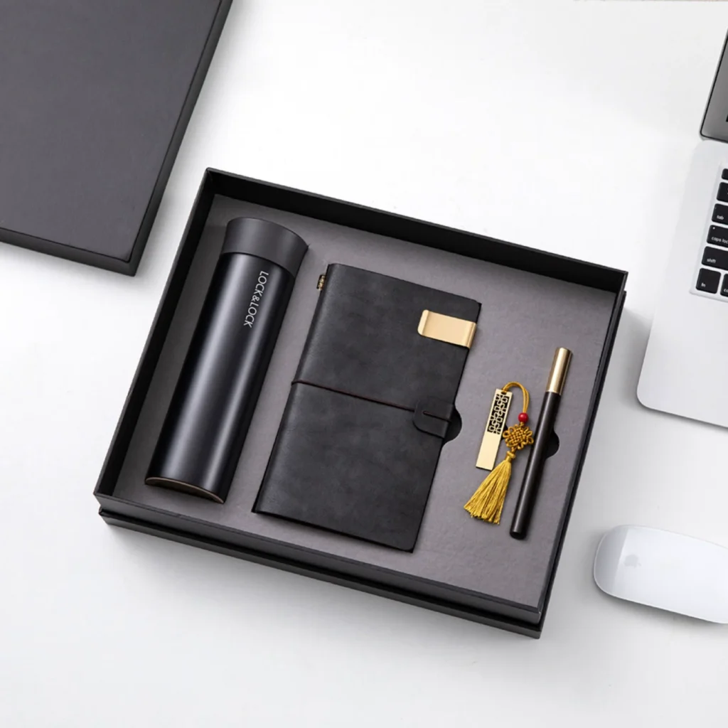 Black notebook set with pen and tumbler customized corporate gifts