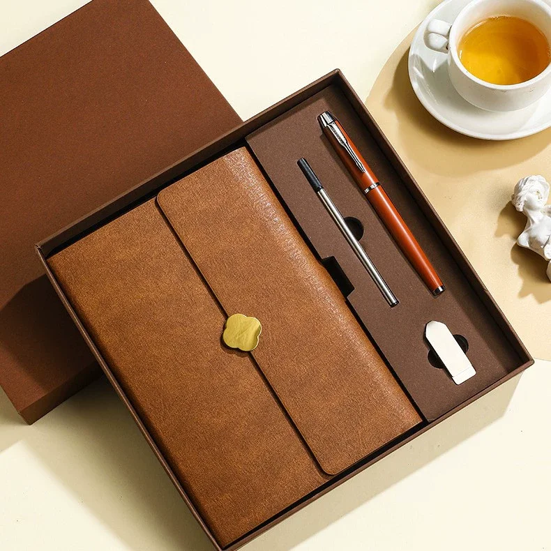 Luxury corporate gifts in brown notebook set with custom branding