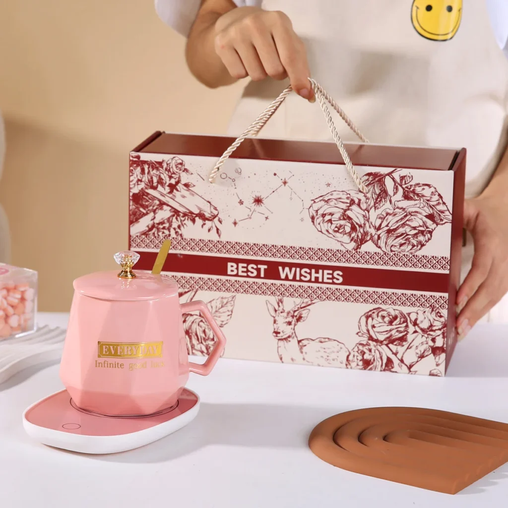 Pink custom employee gifts mug and coaster set