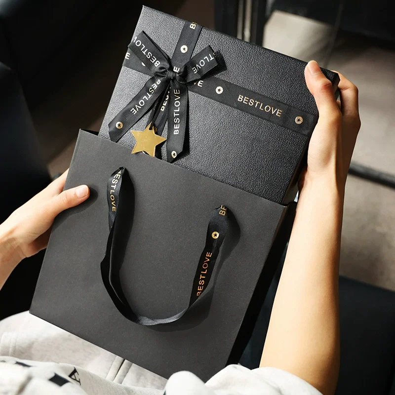 Premium black box corporate candle gifts with custom ribbon bag