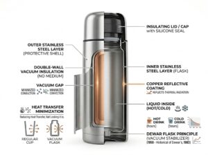 Cross-section of a vacuum bottle showing the inner container
