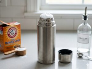 deep cleaning thermos bottle with baking soda and vinegar