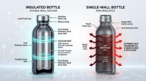 insulated bottle vs normal bottle cross-section diagram showing vacuum insulation and single-wall heat transfer