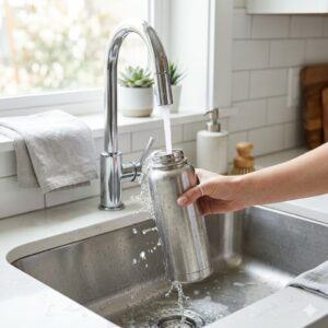 stainless steel water bottle being cleaned with fresh water
