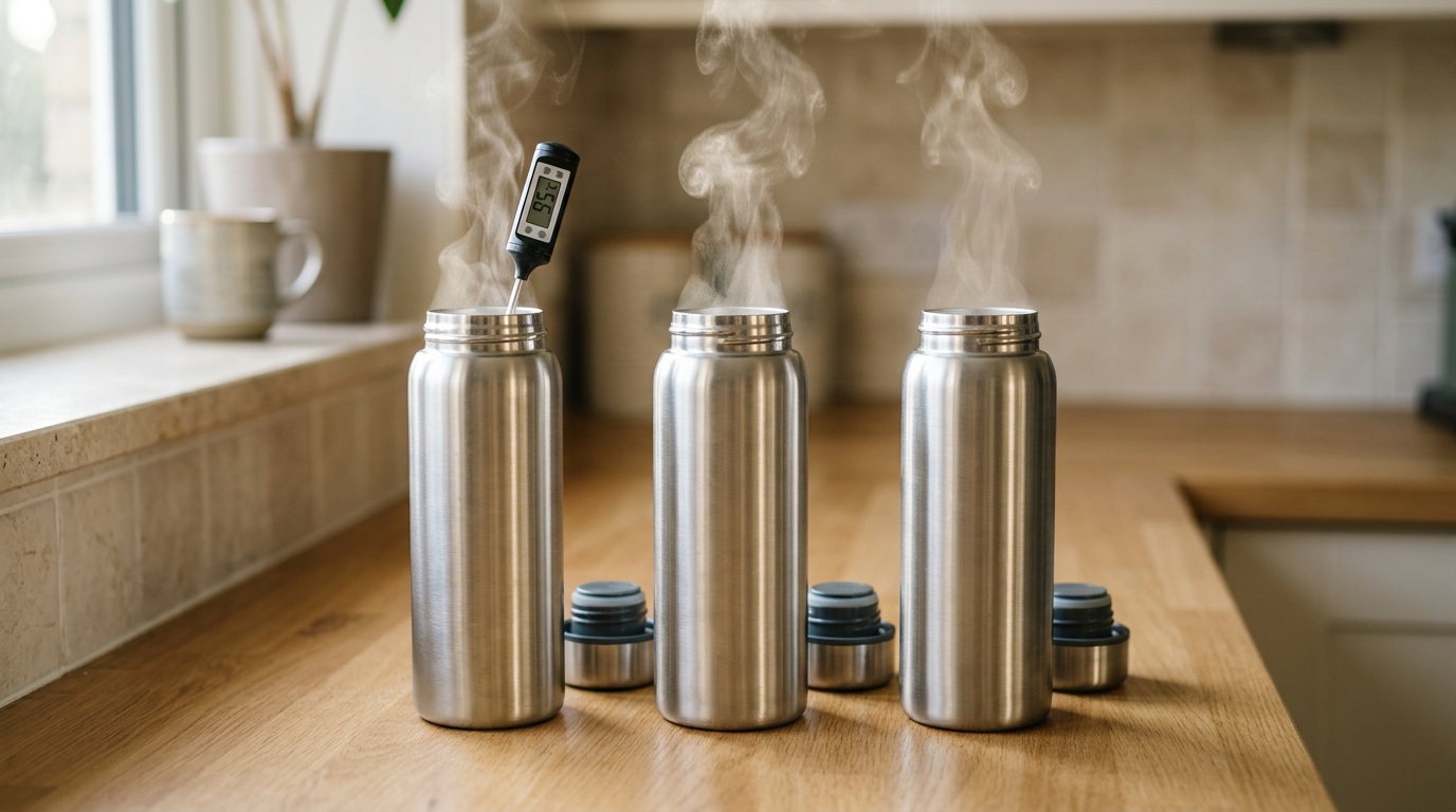 can you put hot water in stainless steel bottle test with three bottles and thermometer