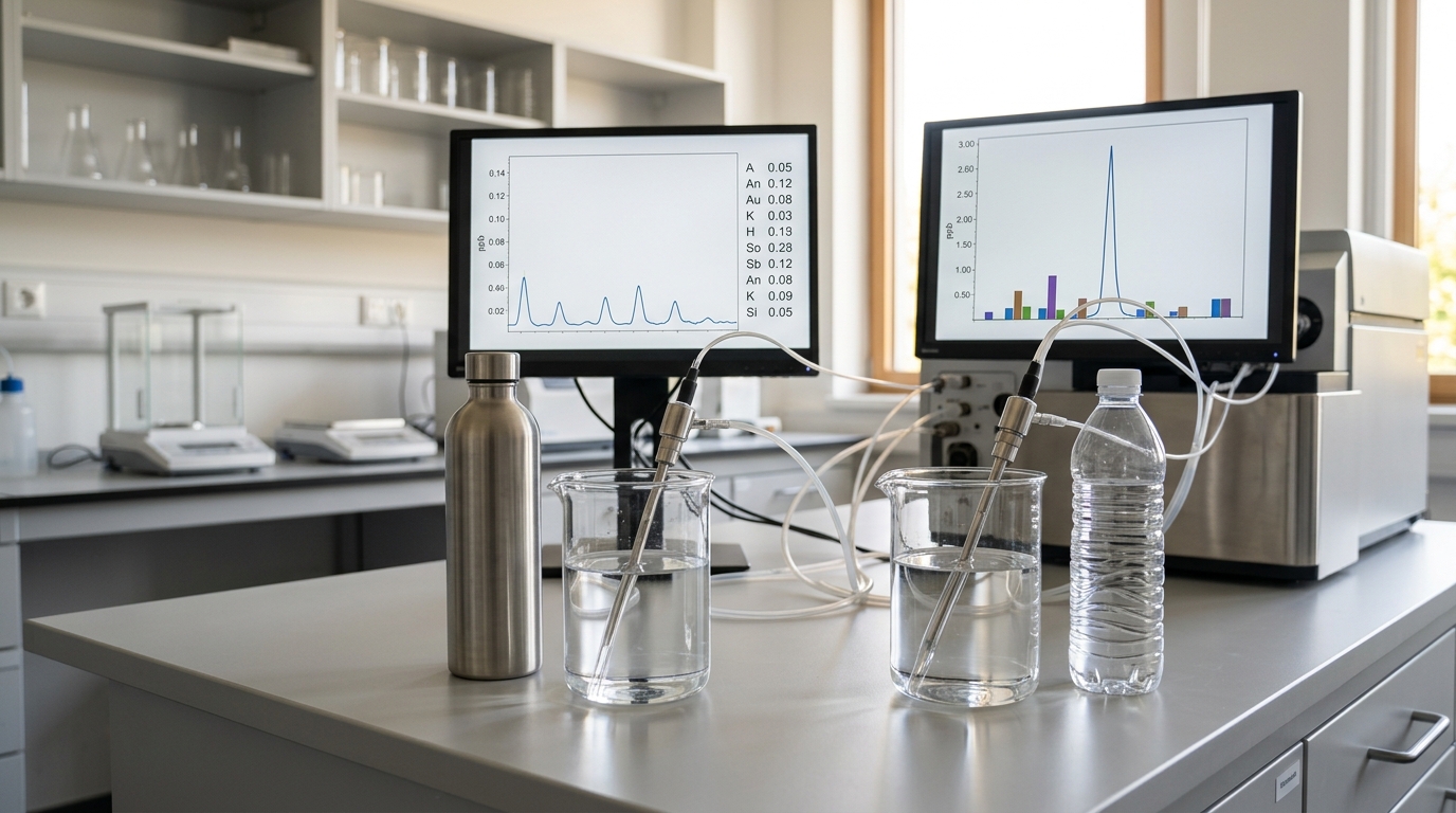 Leaching test comparison showing chemical safety benefits of stainless steel water bottles versus plastic