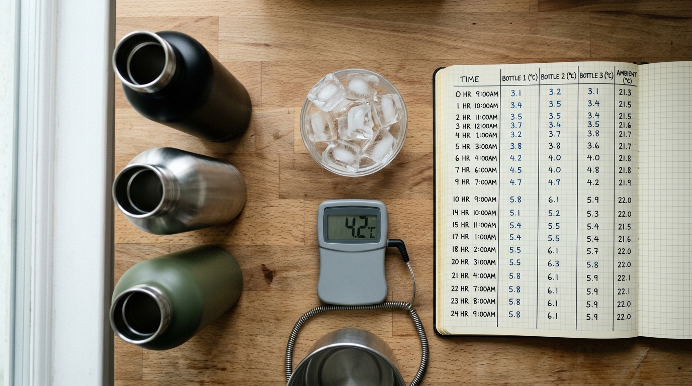 Evidence-based benefits of stainless steel water bottles shown through 24-hour cold retention test setup