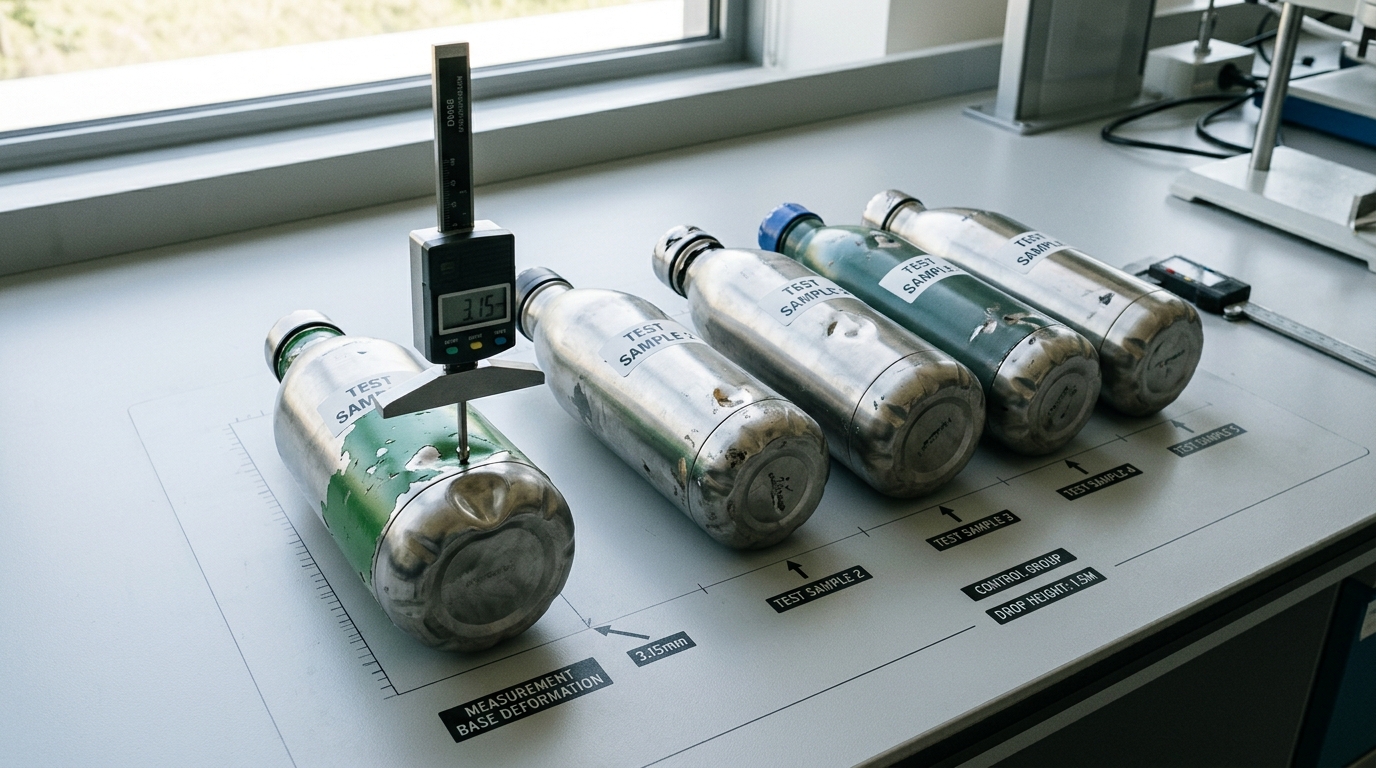 recyclable stainless steel bottles dent depth comparison after drop testing