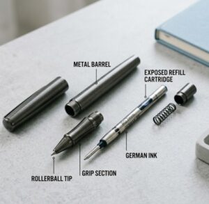 rollerball pen with refill cartridge exposed